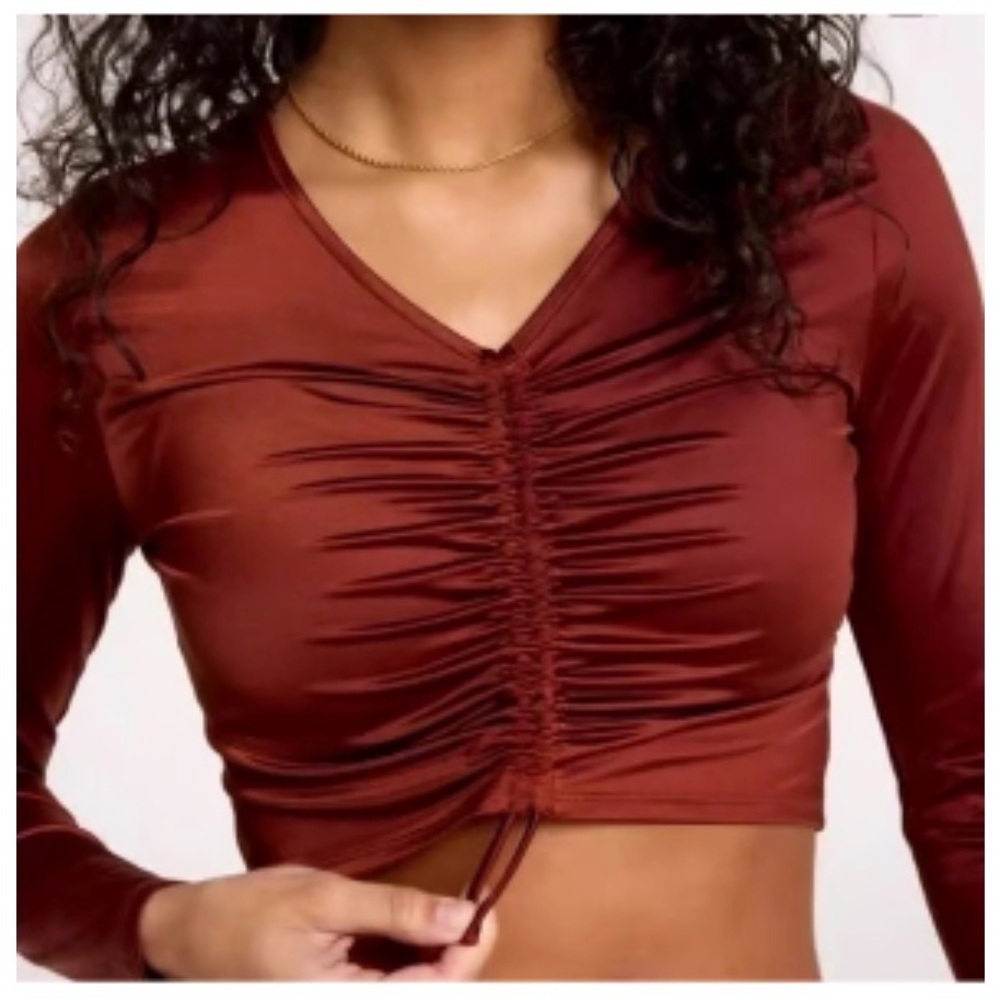 Calia Ruched Long Sleeve Swim Top Rash Guard Rust Brown Orange Crop Size Large